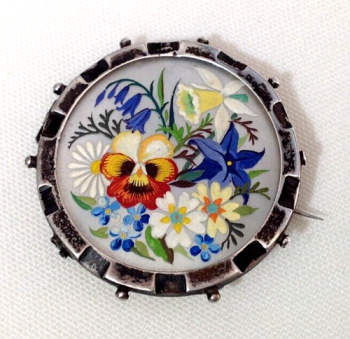 Antique hallmarked sterling silver Hand Painted Victorian brooch pin