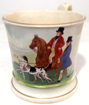 Antique Georgian hand painted cup hunting dogs horseman scene
