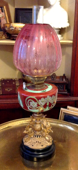 Antique Art Nouveau oil lamp etched cranberry shade Duplex Best England W&S