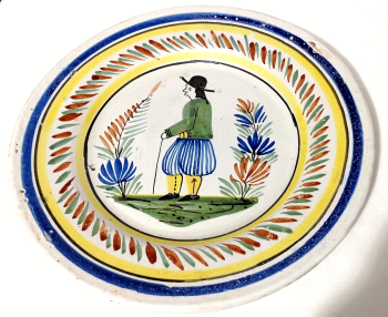 Antique HB Quimper plate hand painted decoration man with walking stick.