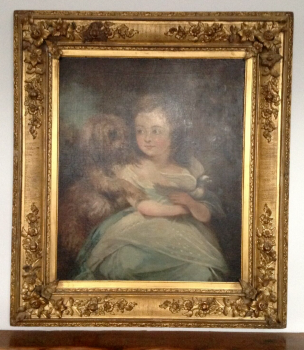 Antique 3/4 oil on canvas portrait of a girl with dog 19th Century Gilded frame