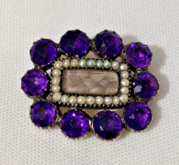 Antique 19th cent gold Amethyst seed pearl memorial brooch pin Georgian