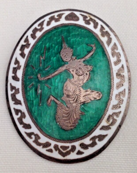 Vintage sterling silver Siam enamelled green & white brooch pin