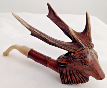 Antique Black Forest carved wood wooden Stag horn pipe