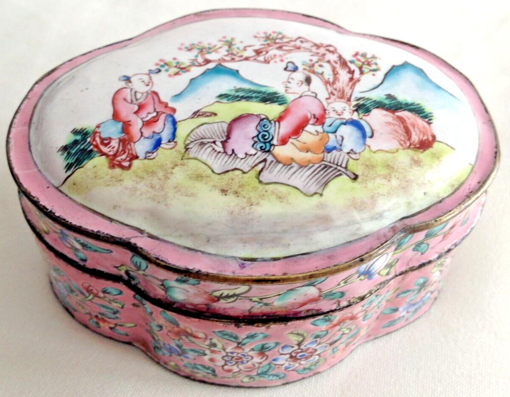 Antique French trinket box hand painted rural scene signed J Guerou