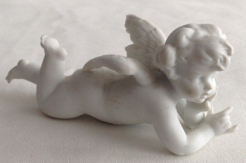 Antique Ceramic white bisque winged cherub angel figure cake decoration