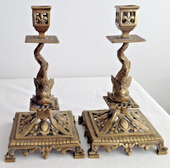 Antique pair of koi fish or sea serpent brass candlesticks great interior item