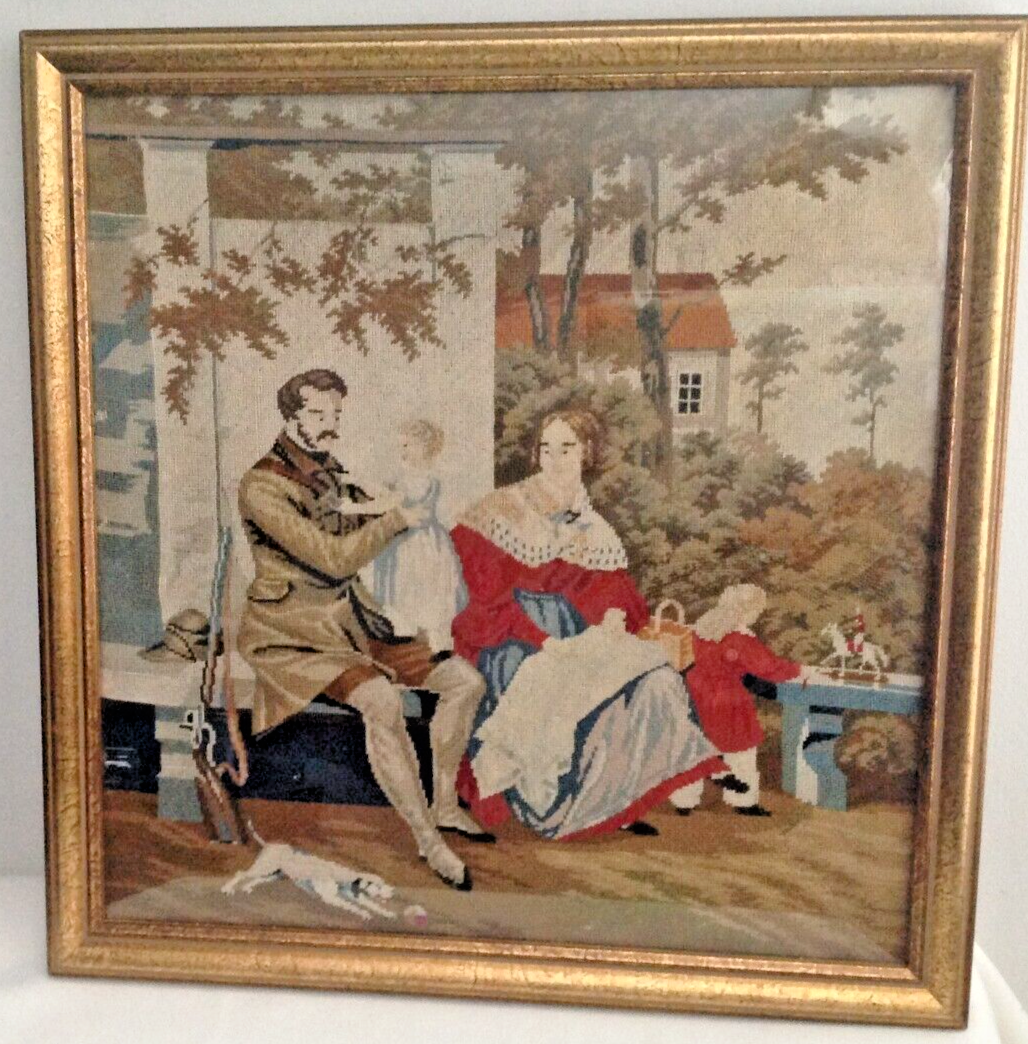 Antique 19th century Victorian needlepoint lady on prancing pony wooden fra