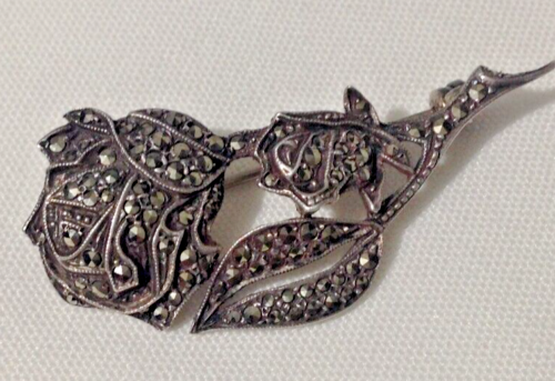 Antique Art Deco Rose Sterling Marcasite Brooch Pin