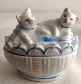Antique Victorian kittens in a basket fairing trinket pot German