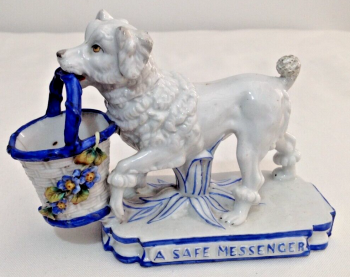Antique Victorian fairing match striker and pot "A Safe Messenger" dog German