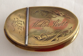 Antique miners brass tobacco box 1888 Walter Scott