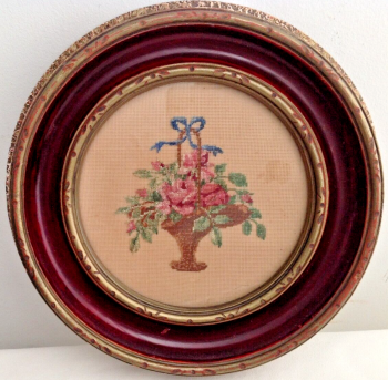Antique embroidery pink roses framed