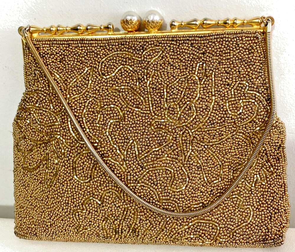 Vintage Beaded Purse Pearl Clasp Rose Satin Lining 