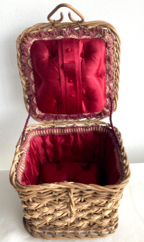 Antique woven sewing basket red silk cushioned lining