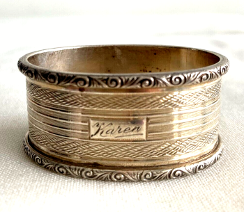 Vintage Sterling silver napkin ring hallmark Birm 1952 engraved Karen