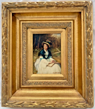 Antique 19th century Dutch school oil on board painting gilt frame young woman