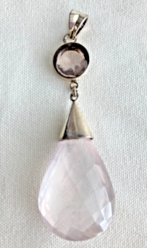 Large Sterling silver 925 pink quartz crystal drop pendant