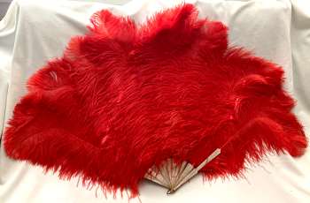 Very Large Antique Ostrich feather fan mother of pearl sticks flapper Coral red