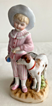 Antique Victorian fairing match striker little boy with dog Boheme stamp to base