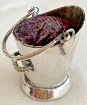 Antique sewing pin cushion novelty coal scuttle silver plate plated