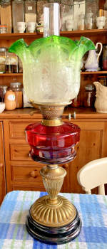 Antique Art Nouveau oil lamp etched shade ruby glass font brass base