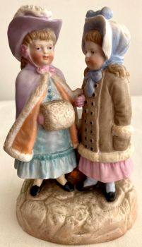 Antique Victorian German spill holder two little girls bonnets & Muff