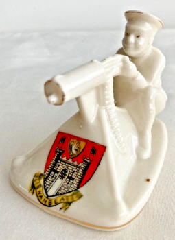 Antique WW1 crested china soldier " Tommy with his Machine Gun " Swansea crest