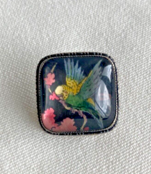 Antique sterling silver painted under glass button Budgerigar bird RARE signed