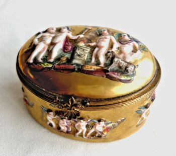 Antique Gilded Capodimonte china cherub trinket box
