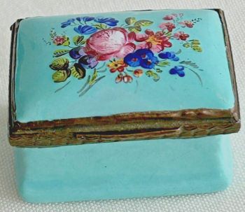 Antique Georgian enamelled enamel patch box turquoise flowers mirror