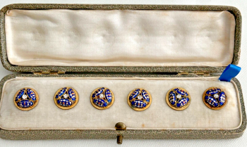 Antique Victorian enamelled enamel gilt gilded buttons in fitted box