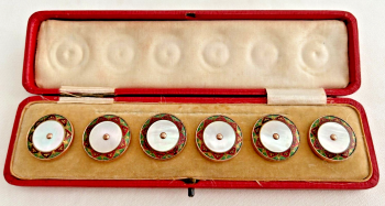 Antique Victorian enamelled enamel gilt gilded buttons in fitted box M of Pearl