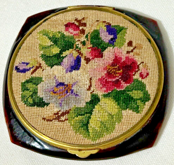 Vintage Petite Point & Celluloid face Powder Compact French floral C1930s