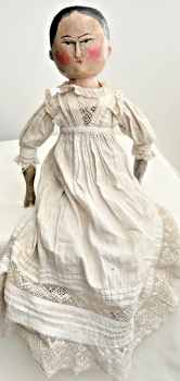 Large naive Antique Victorian Grodnertal painted wooden peg Doll linen dress
