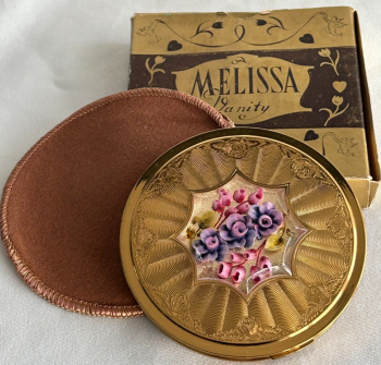 Vintage face powder compact with original box lucite flowers Melissa Vanity