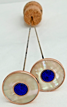 Antique long Edwardian hat pins Enamel Enamelled Mother of Pearl Gilded Buttons