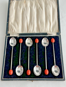 Antique Silver Plate coffee spoons in box orange Bakelite