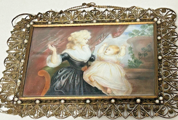 Antique painting on metal Duchess of Devonshire Princess Diana silver gilt frame