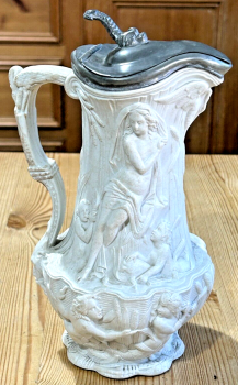 Antique Victorian embossed jug water nymphs and cherubs Dolphin lid Sam Alcock