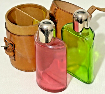 Antique travelling glass perfume cologne bottles and case cranberry & green