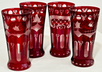 Antique 4 Bohemian ruby glass glasses beakers etched bird swallow design