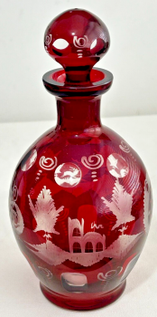 Antique Bohemian ruby glass etched bird swallow design small decanter