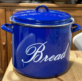 Vintage style blue enamel enamelled bread crock Judge hob pan storage bin