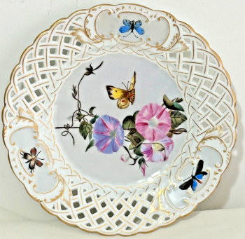 Antique china plate signed M M D Dresden C1884 Victorian Butterflies Flowers