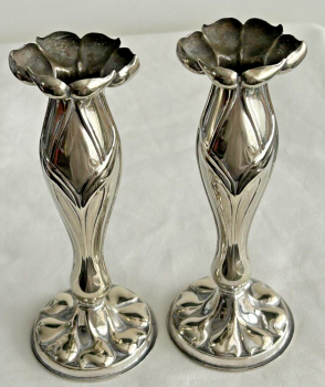 Antique Art Nouveau pair candlesticks or bud vases silver plated plate