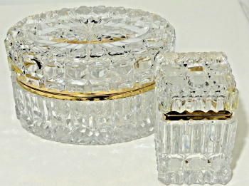 Vintage cut glass crystal jewellery trinket box box's gilt metal rims mid cent