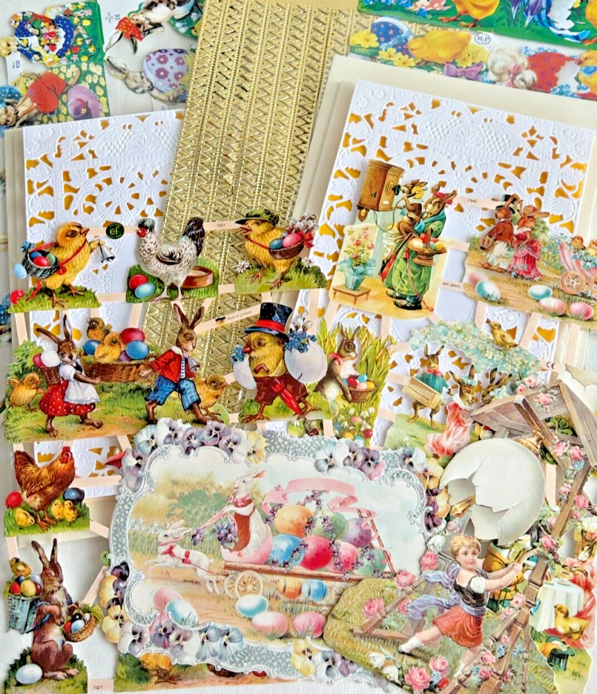 Antique style Die Cut Scrap Scrapbook Set Easter Bunny Eggs Gold Trims Card
