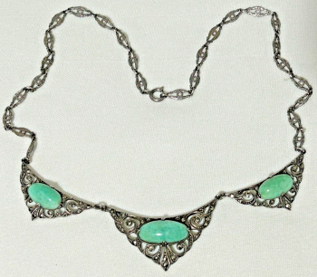 Vintage sterling silver marcasite Art Deco necklace Jade coloured panels