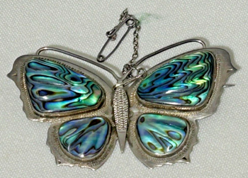 Large vintage sterling silver butterfly brooch pin set carved Abalone shell